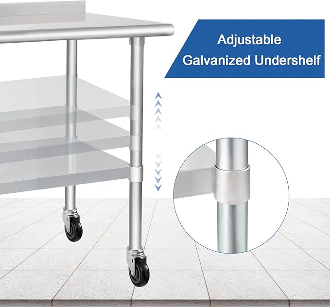 HARDURA Stainless Steel Table 30 x 48 Inches with Wheels Casters NSF Heavy Duty Commercial Prep Table with 2” Backsplash and Adjustable Undershelf for Restaurant Kitchen Home and Hotel