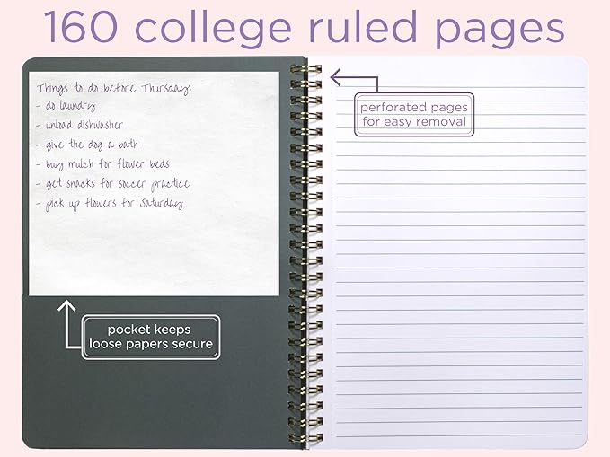 Steel Mill & Co Cute Pink/Purple Floral Mini Spiral Notebook, 8.25" x 6.25" Journal with Durable Hardcover and 160 Lined Pages, Wildflowers
