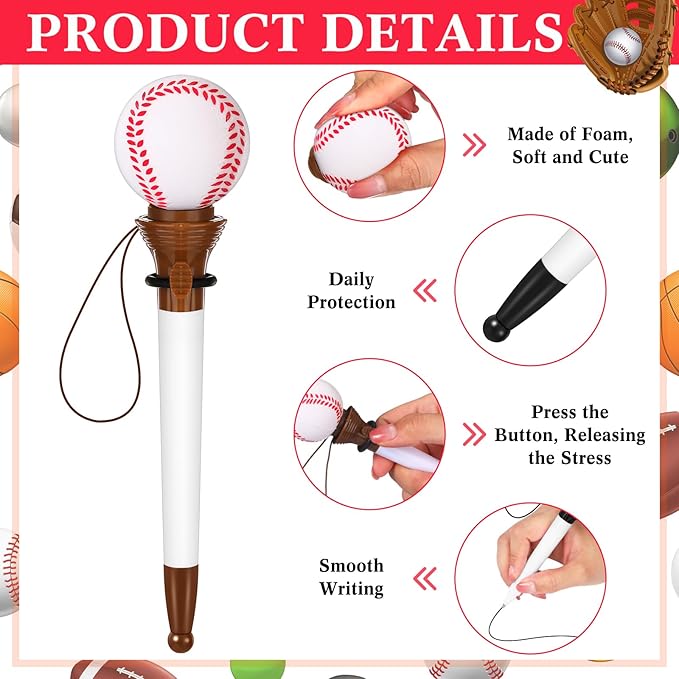 Lincia 24 Pcs Sport Funny Pen Hoop Ballpoint Novelty Bulk Plastic Sports Soccer Basketball Baseball Football Tennis Golf Themed Pen for Birthday Party School Award Party Favor Supplies(Baseball)