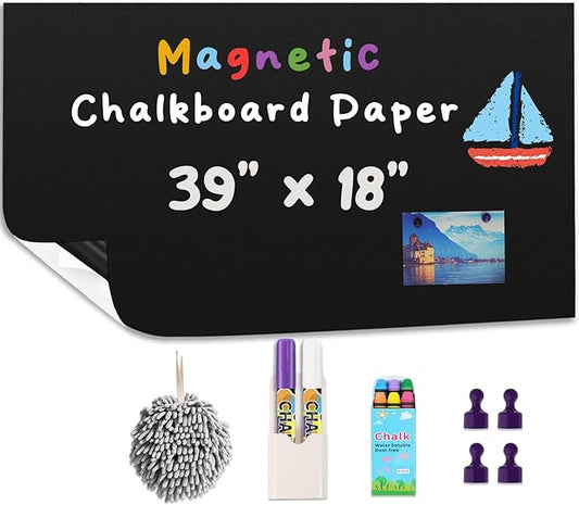 Magnetic Chalkboard Contact Paper for Wall 39" x 18" Self Adhesive Blackboard Wallpaper Peel and Stick Chalk Board Wall Decal Roll with Chalks for Kids Playroom Classroom