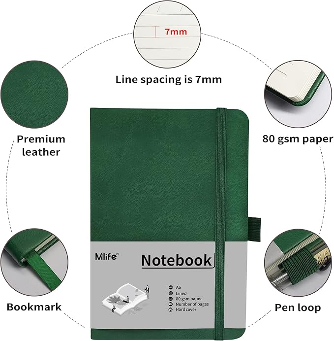 Mlife A6 Small Journal Notebook, Lined Pocket Notebook with Pen Holder, Mini Hardcover Notebook, 192 Pages, 3.9 inches * 5.5 inches Jurnal for Women and Man (3Pack Green)