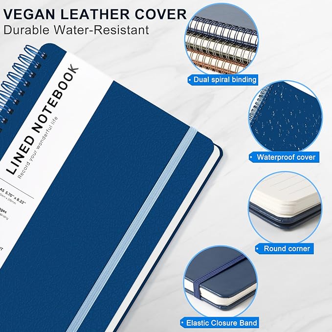 ABERLLS Blue Lined Spiral Journal Notebook with 160 Pages, 8×5.7in, A5 Spiral Notebook, Journaling Notebooks for Work, School, Women, Men, College Ruled Spiral Notebook, Hardcover Leather Journals