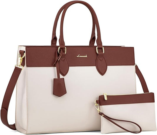 LOVEVOOK Laptop Tote Bag for Women, 15.6 inch Work Bag Purse, Waterproof Leather Women Business Office Briefcase, Beige-Brown