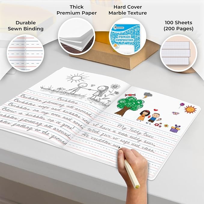 Composition Notebooks Primary Ruled, 12 Pack, 200 Pages (100 Sheets), Draw and Write Journal, Primary Composition Notebook for Kids, Grades K-2 School Supplies, Hard Cover, Assorted Colors