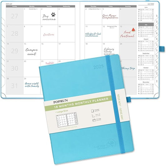 POPRUN Monthly Planner 2025-2026 (Large- 8.5" x 10.5" Soft Cover), 18-Month Calendar Book (January 2025-June 2026), Calendar Planner with Monthly Tabs & Pocket, 100 GSM Paper - Blue Green