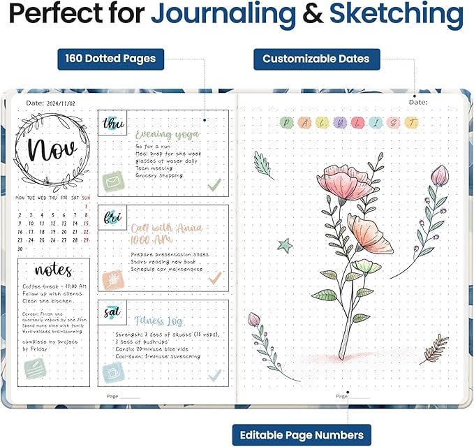 Bullet Dotted Journal Notebook for Women & Men, Hardcover Leather Journal for Writing, A5 Bullet Journaling Notebook for Work & Sketching, Perfect for Office School Home Supplies, 160 Pages, Watercolor Petal