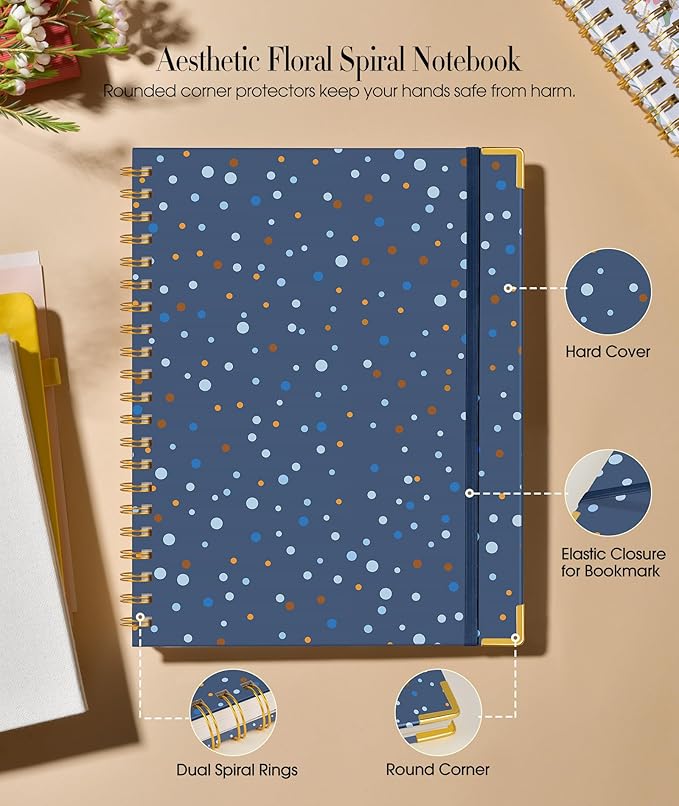 Cute Spiral Notebook Journal for Women, 160 Pages Lined Notebooks 5.75” x 8.38”, A5 Hardcover Spiral Journals with 100 GSM Thick Paper, College Ruled Notebook for Writing Work School, Navy Dots