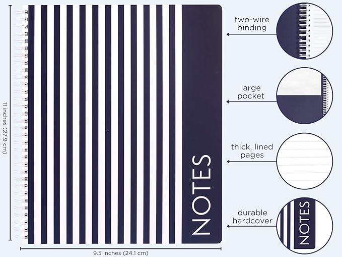 Steel Mill & Co Cute Large Spiral Notebook College Ruled, 11" x 9.5" with Durable Hardcover and 160 Lined Pages, Navy Stripe