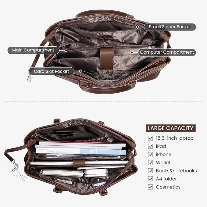 LOVEVOOK Laptop Bag for Women 15.6 Inch Tote Bags Waterproof Leather Briefcase Computer Women Business Office Work Bag,Dark Brown