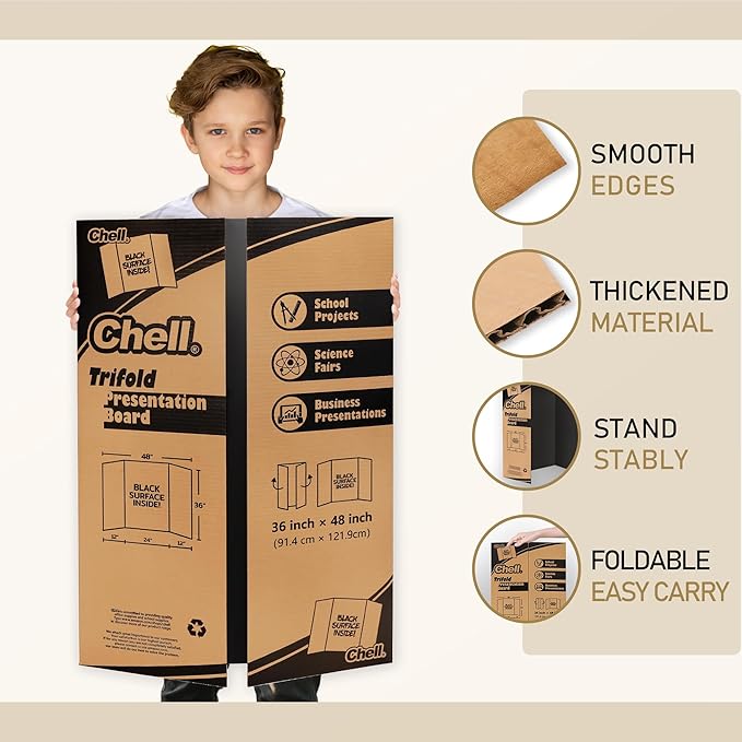 Chell 36" x 48" Trifold Poster Board, 2 Pack, Black Corrugated Project Boards for Science Fair, School Projects, Event Displays and Business Presentations