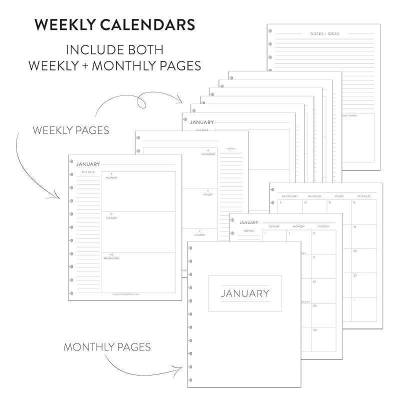 BetterNote Horizontal Undated Calendar Refill Pages for Disc Notebook, fits The Happy Planner, Discbound Levenger Circa, Staples Arc, TUL (Modern- 6 months, 8-Disc, 5.5"x8.5")
