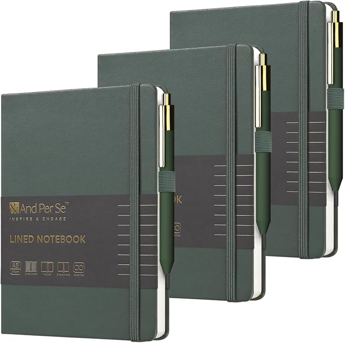 A5 Lined Leather Journal and Pen Set (3 packs), Hardcover Notebook with Pen, 160 Pages 100gsm Thick Ruled Paper for Men Women, for Work, Business, School or Home Writing, 5.7'' x 9'' (Green)