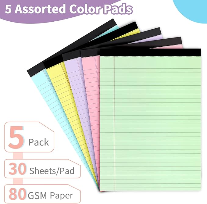 WINKIO Colored Legal Pads,5 Pack Writing Pads 8.5 x 11 inch, Micro Perforated Notebooks with Sturdy Back, Wide Ruled, 30 Sheets Per Writing Pad for School, College, Office, Professional
