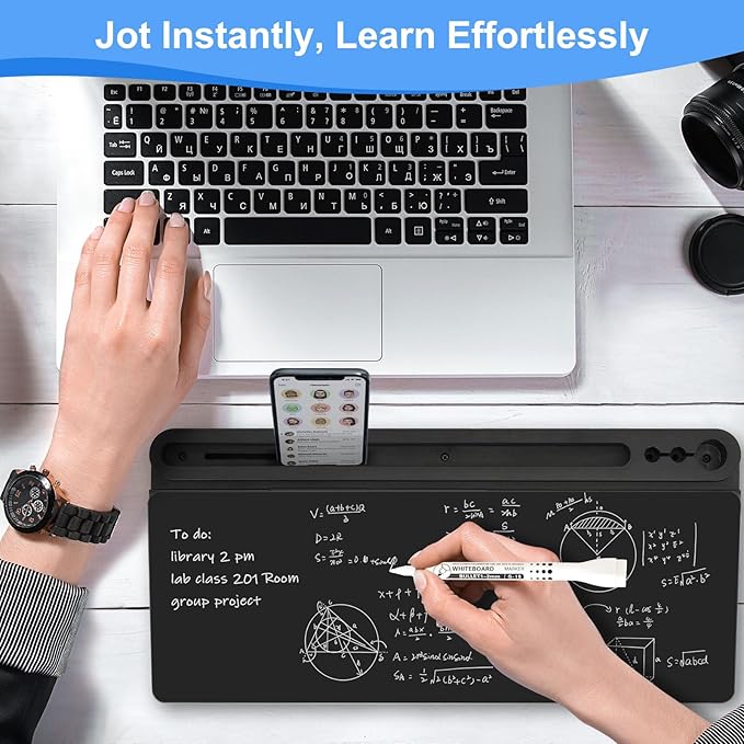 Desktop Glass Whiteboard with Storage, Desk Board with Computer Keyboard Stand, White Dry Erase Board with Drawers for Home, School, Office Desk Organizers and Accessories - Black