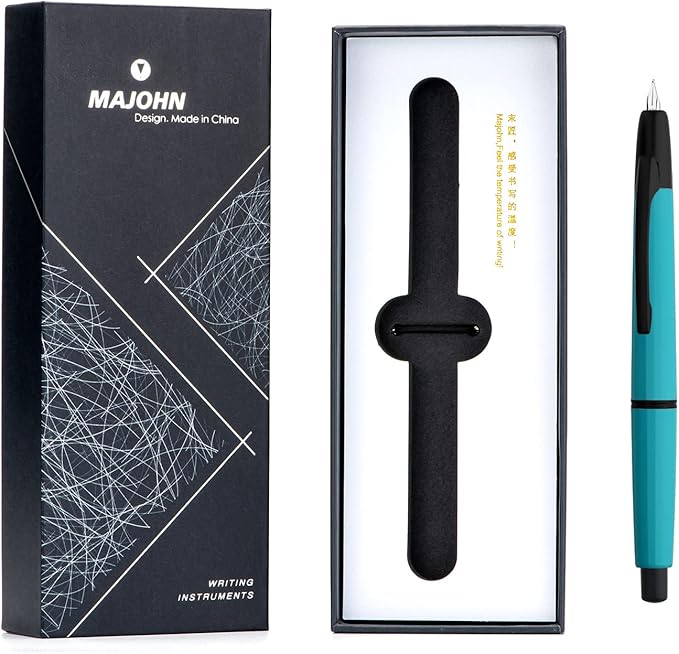 Majohn A2 Press Fountain Pen Extra Fine Nib with Box, Retractable Lake Blue Resin Ink Pen with Converter Writing Set (Black Clip Version）