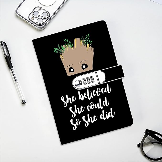 Funny Groot Gifts Leather Combination Lock Notebook Always Remember You’re Braver Than You Believe Leather Locked Journal Notebook Birthday Gifts for Daughter Son (she believed)