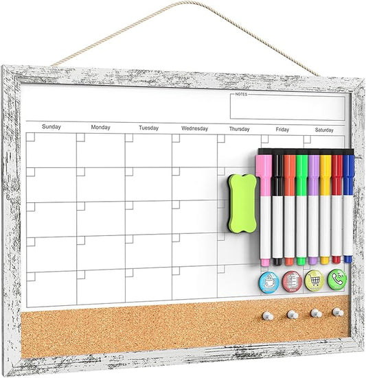 Dry Erase Calendar for Wall, 17"x13" Whiteboard Calendar Cork Board Combo, Magnetic White Board Monthly Calender with Wood Framed, Hanging Dry Erase Board for Office Kitchen Home Planner Memo