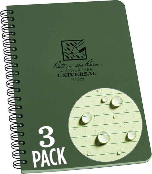 Rite in the Rain Weatherproof Side Spiral Notebook, 4.625" x 7", Green Cover, Universal Pattern, 3 Pack (No. 973L3)