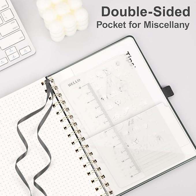 AHGXG Bullet Dotted Journal Spiral Notebook, Hardcover Leather Dotted Notebook 140 Pages, A5 Dot Grid Paper Notebook, 100 gsm Thick Paper, for Bullet Journaling, 5.7" x 8.3", Black