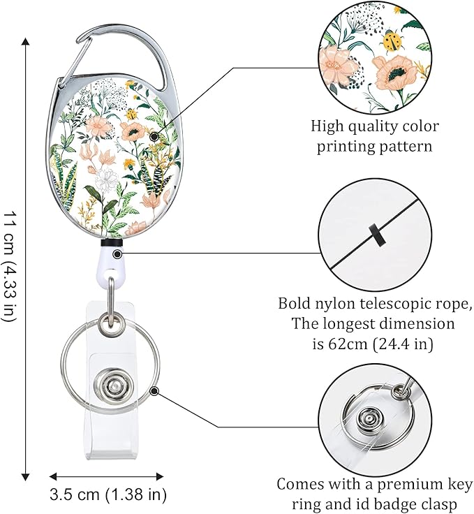 Badge Reels Retractable，Double Sided Color Print Pattern Retractable Badge Holders，with Retractable Keychain, Badge Clip and Key Ring，Durable Nylon Retractable Rope，White Flower