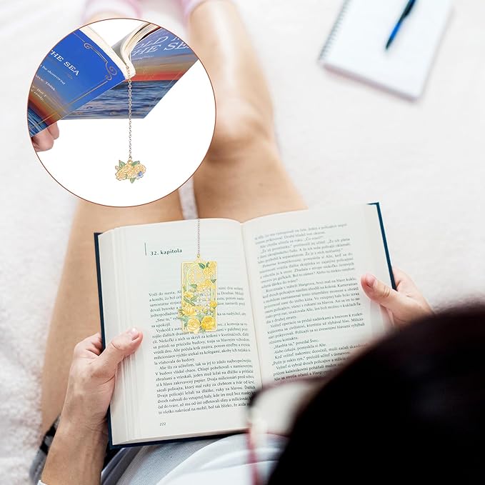 2 Pcs Metal Rose Bookmarks, Beautiful Book Marks for Reading Women Vintage Bookmarks with Metal Chain Pretty Bookmark Gift for Book Lovers Readers Birthday Christmas Gifts(Red, Yellow Roses)