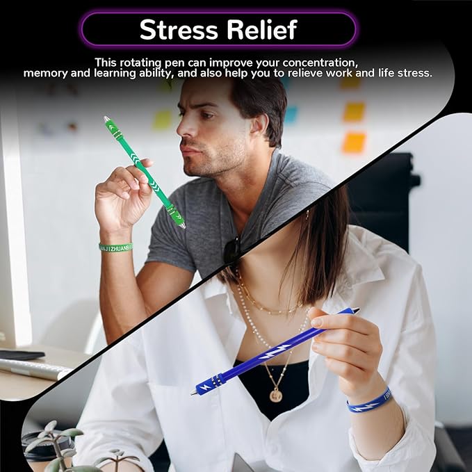 2 Colors Pen Spinning with Silicone Bracelet, Metal Heads Gaming Finger Pen, 8.5In Weighted Rotating Ballpoint Pen, Spinning Pen for Student Adults, No Pen Refill (Green,Blue)
