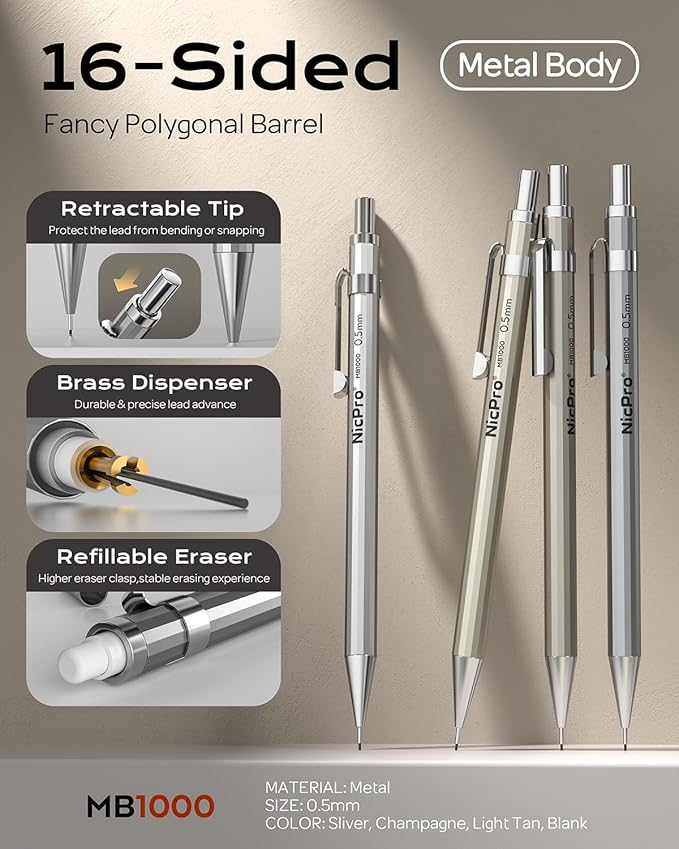 Nicpro 37PCS Metal Mechanical Pencil Set, 8PCS Drafting Pencil 0.5, 0.7, 0.9 mm & 2mm Lead Pencil Holder For Sketching Drawing With 20 Tube (6B 4B 2B HB 2H 4H Colors) Lead Refill Eraser -With Case