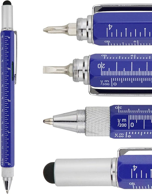 HeTaoCat Metal Multi tool Pen 6-in-1 Stylus Pen - With Screwdriver, Phillips Screwdriver, Flathead Bit Slotted Screwdriver, Ballpoint Pen Black ink, Stylus pen, Bubble Level and Ruler (Blue)