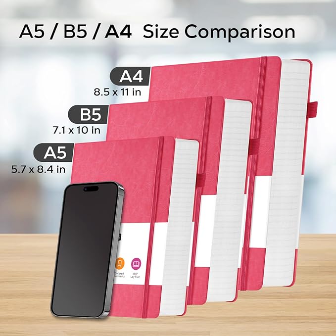 Bullet Lined Journal Notebook for Women/Men Writing Work, 320 Pages B5 Large Pink Leather Daily Diary Journals Note book College Ruled for Note Taking, 100Gsm Thick Paper, 7.1'' X 10''