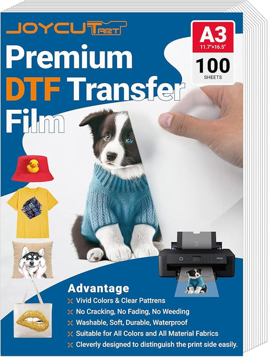 JOYCUT DTF Transfer Film - A3（11.7"×16.5"）100 Sheets Double-Sided Matte Finish, DTF Film for Sublimation and DTF Inkjet Printer, Direct to Film Transfer Paper for T-Shirts