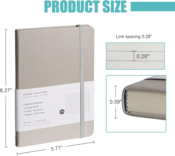 Lined Journal Notebook, 6Pack(Grey), 160 Pages, Medium 5.7 inches x 8 inches - 100 gsm Thick Paper, Hardcover