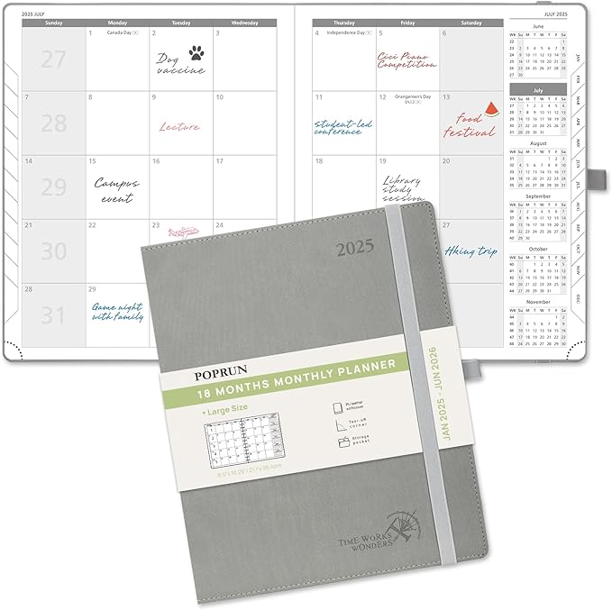 POPRUN Monthly Planner 2025-2026 (Large- 8.5" x 10.5" Soft Cover), 18-Month Calendar Book (January 2025-June 2026), Calendar Planner with Monthly Tabs & Pocket, 100 GSM Paper - Grey