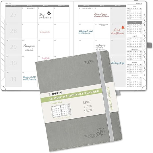 POPRUN Monthly Planner 2025-2026 (Large- 8.5" x 10.5" Soft Cover), 18-Month Calendar Book (January 2025-June 2026), Calendar Planner with Monthly Tabs & Pocket, 100 GSM Paper - Grey