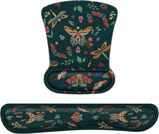 iCasso Ergonomic Mouse Pad with Wrist Rest, Keyboard Wrist Rest Mouse Wrist Rest, Made of Memory Foam, Easy Typing and Relieve Wrist Pain, Perfect for Computer Keyboard Office(Green Butterfly)