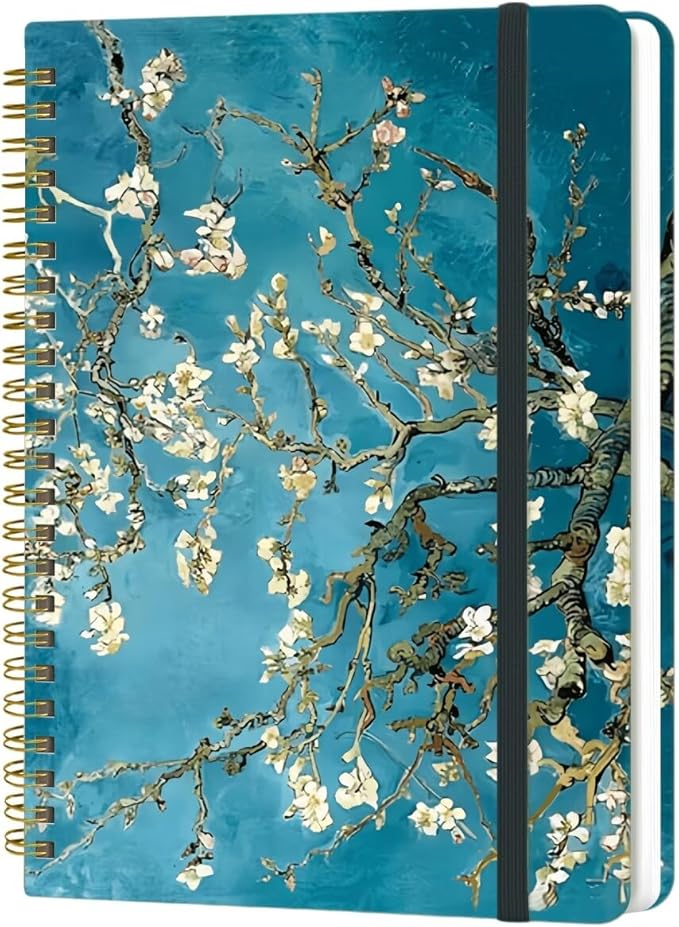 Spiral Notebook - A5 Spiral Notebooks, 8.3'' × 5.8'', 160 Pages, Aesthetic Journaling Notebooks for Women, College Lined Notebook with Elastic Closure, Back Pocket, for School Office, Plum blossom