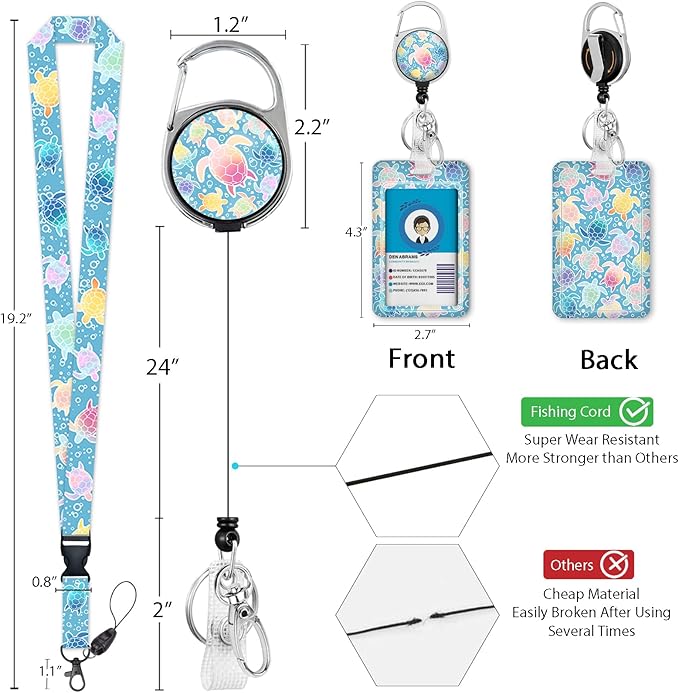 Cute Sea Turtle ID Badge Holder with Breakaway Lanyard, Lanyards for ID Badges Ajustable, Retractable Badge Reel Heavy Duty, Funny Teacher Nurse Work Office Gifts