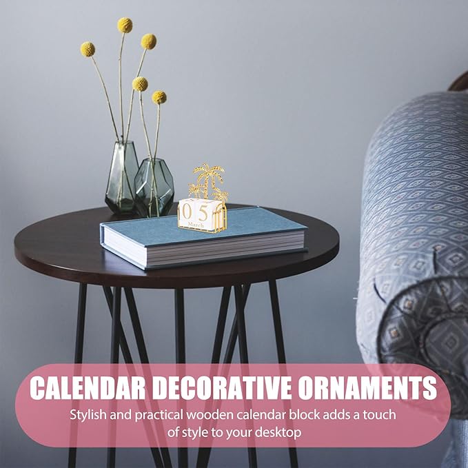 SUPVOX Wooden Block Calendar for Desk Daily Desktop Perpetual Calendar Wood Month Date Display Blocks Farmhouse Desk Accessories for Home Office Decor Reusable Yearly Coconut Tree Design