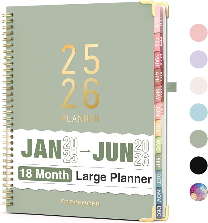 Forvencer Daily Planner 2025-2026, 18 Month Academic Planner, 8.5" x 11", Weekly and Monthly Planner, Jan 2025 - Jun 2026, Hardcover Day Planner, Spiral Agenda Book with Colorful Tabs, Office Home School Supplies, A4, Green