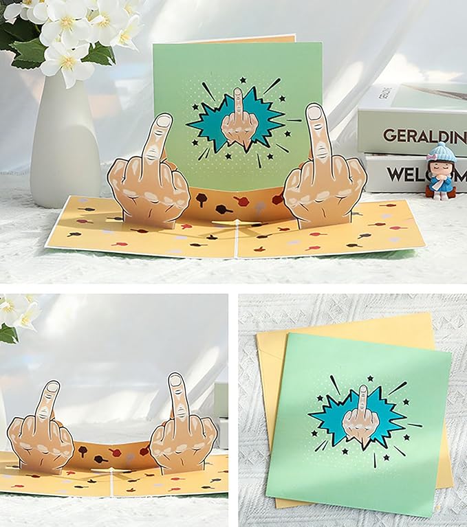 Funny 3D Middle Finger Pop Up Card, Naught Joking Greeting Card- Prank Gift, Gag Gift, Offensive Humor, for Friend, Birthday, Just Because, Get Well Soon