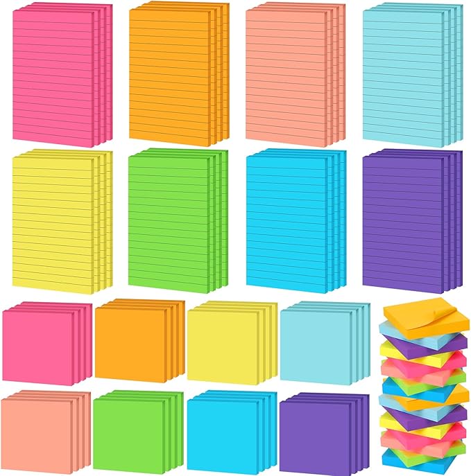 Yexiya 64 Pcs Lined Sticky Notes Self Stick Notes with Lines Bright Assorted Colors Sticky Pad for Home Office Products Post Memos, 1920 Sheets(4 x 6 Inch, 3 x 3 Inch,Stylish Color)