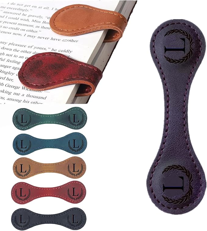 Personalized Magnetic Leather Bookmark, 26 Letters Custom Leather Bookmarks, Handmade, Leather Magnetic Bookmark for Book Lovers Readers Women Kid(Purple，L）