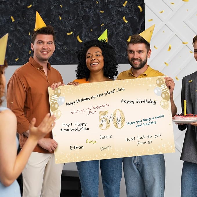 Large 50th Birthday Card With Envelope for Men Women, 1975 Black Gold Happy 50th Birthday Giant Guest Signature Book Gifts, Big Vintage 1975 50th Greeting Card Decoration Party Supplies