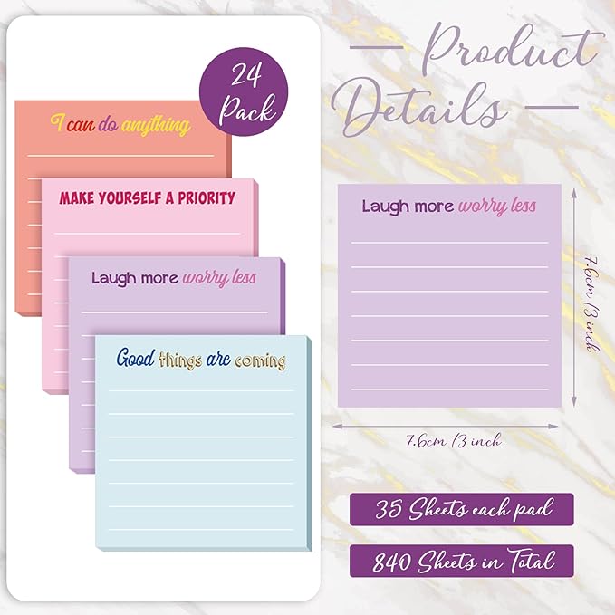 Yinder 24 Pcs Inspirational Sticky Notes with Lines Cute Motivational Sticky Notes Pad Employee Appreciation Gifts Bulk for Teacher Nurse Coworkers Office Supplies 3 x 3''(Light Color,Inspirational)