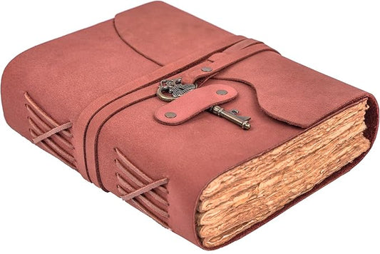 LEATHER VILLAGE Vintage Leather Journal – 200 Handmade Vintage Deckle Edge Paper – Leather bound Journal For Women Men – Vintage Key Closure - Book of Shadows - 8X6 inches (A5) - Fuchsia