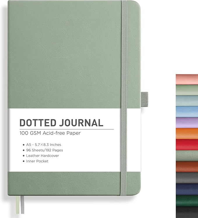 RETTACY Bullet Dotted Journal, A5 Dotted Notebook Journal with 192 Pages, 5.7'' × 8.3'', Medium Size, 100 GSM Thick Paper, Leather Hardcover, Bullet Journaling, Planning (Sage Green)