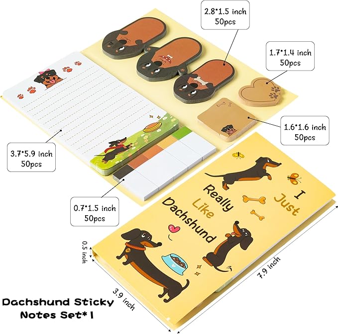 I Just Really Like Dachshund Sticky Notes Set, 550 Sheets Cute Cartoon Dachshund Self-Stick Notes Pads Animal Divider Tabs Bundle Writing Memo Pads Back to School Office Supplies Small Gift