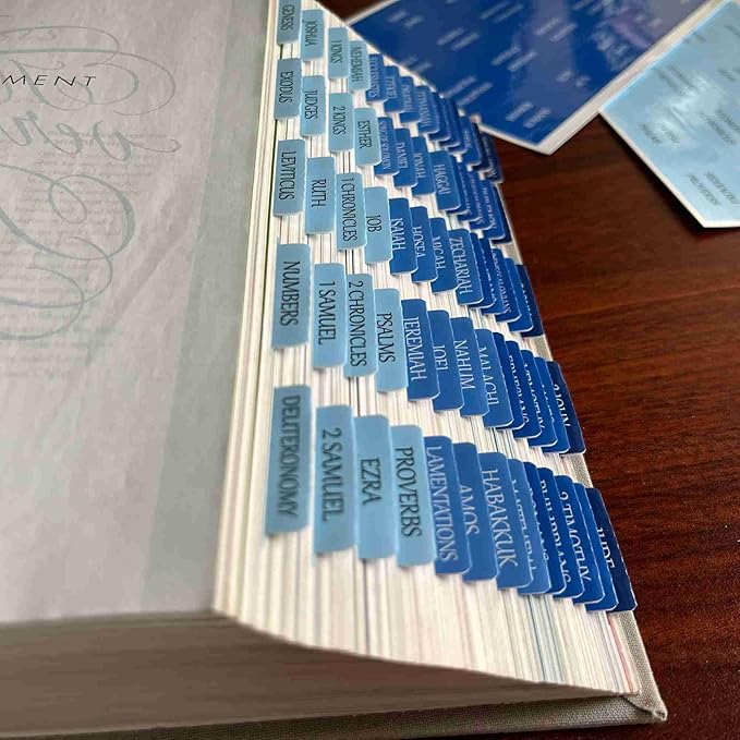 Thinkor Reposition Bible Tabs, Large Print Lanimated Stickers, Easy to Read and Apply Bible Tabs for Women and Man (Four Blue)