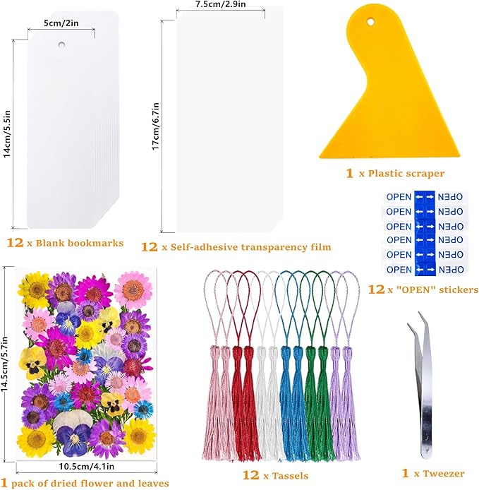 Cardstock Blank Bookmarks Set, 12 Pcs DIY White Craft Bookmarks for Pressed Flowers, Dried Flower Bookmark Making Kit with 43 Pcs Pressed Flowers, 12 Pcs Tassels, DIY Bookmarks for Dried Flowers