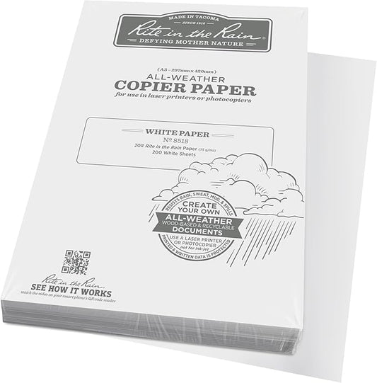 Rite In The Rain Weatherproof Copier Paper, A3 29.7cm x 42cm, 20# White, 200 Sheet Pack (No. 8518)
