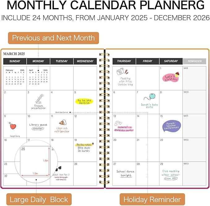 Monthly Planner 2025-2026, 2025 Calendar 24 Months Planner, JAN 2025 - DEC 2026, 7.4"x9.4", Personal Organizer with Monthly Goals, To-Do List, Habit Tracker, 24 Months for School Office Home Planning